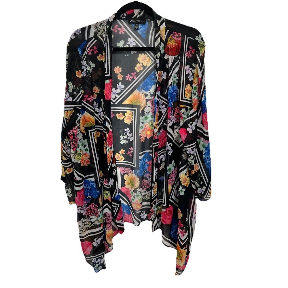 Slinky Brand Colorful Floral Sheer Kimono Jacket Topper Size 1X Open Front Boho